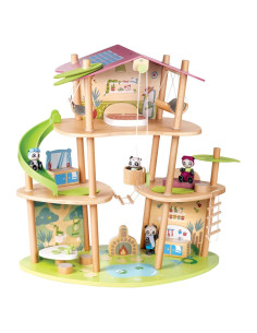 Casa de Muñecas de Bambú Hape Panda 3 Niveles con Muebles