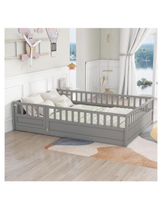 Cama Montessori completa Ball & Cast con cerca de seguridad gris