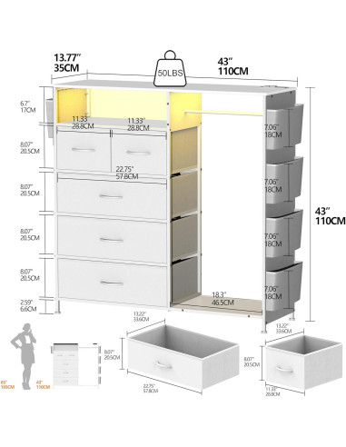 Cómoda blanca Espelism 5 cajones con luces LED y estante