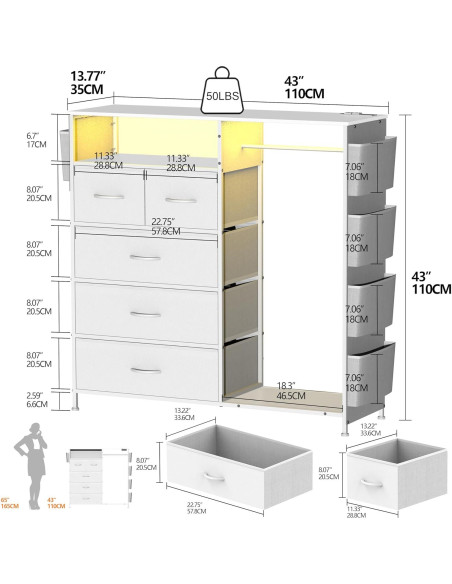 Cómoda blanca Espelism 5 cajones con luces LED y estante