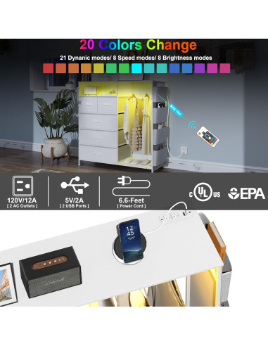 Cómoda blanca Espelism 5 cajones con luces LED y estante