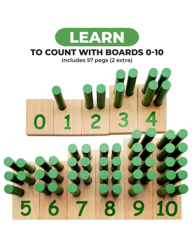 Tablero de Clavijas Numéricas de Madera Montessori - 11 Tableros y 57 Clavijas