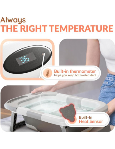 Bañera Plegable para Bebés Gris con Termómetro y Drenaje