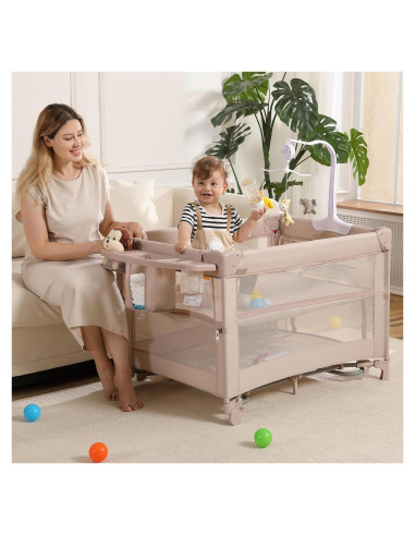 Cuna de Viaje 5 en 1 Jekeu, Parque Infantil Plegable Champán