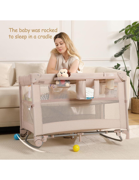 Cuna de Viaje 5 en 1 Jekeu, Parque Infantil Plegable Champán