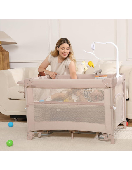 Cuna de Viaje 5 en 1 Jekeu, Parque Infantil Plegable Champán