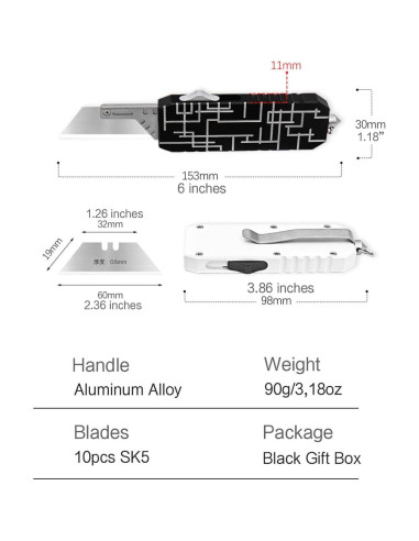 Cortador de Caja Retráctil Ainhue A37 Negro - Cuchillo Utilitario con 10 Hojas Reemplazables