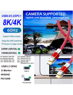 Cable USB Tipo C 9.14m YOTETION 4K 240W Rojo 2
