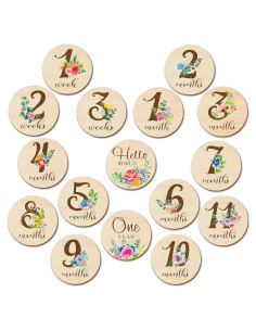 16 Tarjetas de Hitos Mensuales de Madera Tiamon para Bebés