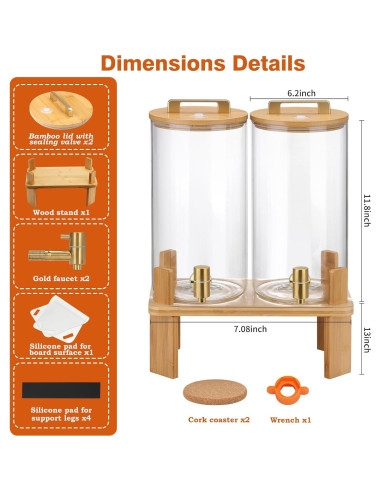 Dispensador de Bebidas de Vidrio MIWUYI 5.68L 2 Pack con Soporte