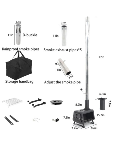 Estufa de leña portátil LEMVUZ para camping con chimenea 7 tubos Estufa de leña portátil LEMVUZ para camping con chimenea 7 tubos