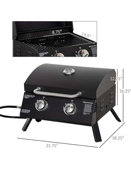 Parrilla de Gas Propano Outsunny 2 Quemadores Portátil Negra