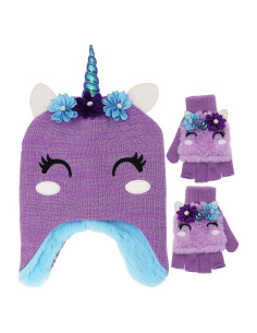 Conjunto de gorro y guantes de unicornio para niñas 3-9 años