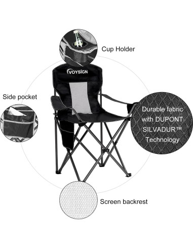 Silla de Camping Plegable VOYSIGN Negra con Portavasos 147 kg