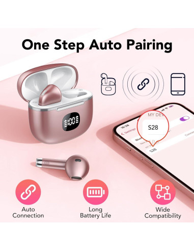 Auriculares Inalámbricos TIMU S28 Rosa, Bluetooth 5.3, 50H Batería