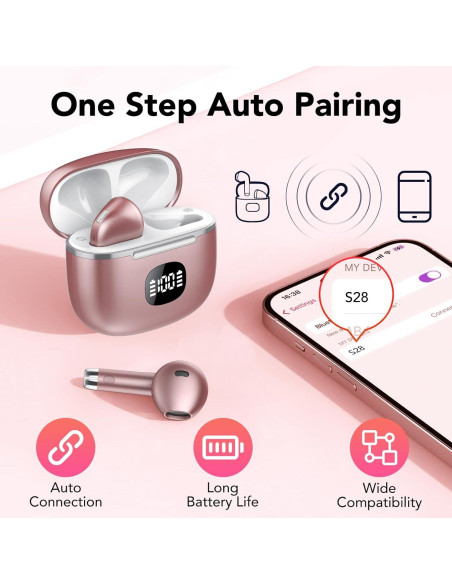 Auriculares Inalámbricos TIMU S28 Rosa, Bluetooth 5.3, 50H Batería