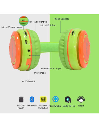 Auriculares Inalámbricos Contixo KB-2600 para Niños 85dB Verde/Naranja