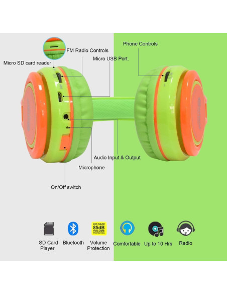 Auriculares Inalámbricos Contixo KB-2600 para Niños 85dB Verde/Naranja