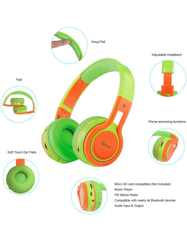 Auriculares Inalámbricos Contixo KB-2600 para Niños 85dB Verde/Naranja
