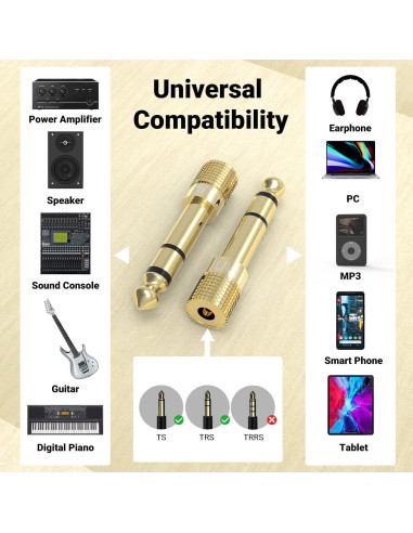 Adaptador de Audio Cubilux 6.35mm a 3.5mm Chapado en Oro - Paquete de 3