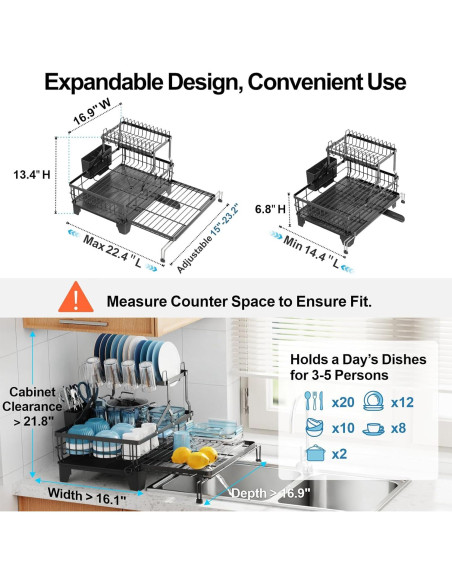 Estante de Secado de Platos Grande GSlife Negro 2 Niveles