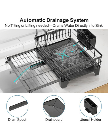 Estante de Secado de Platos Grande GSlife Negro 2 Niveles