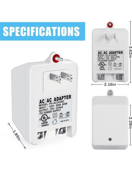 Transformador de Pared 24V 830mA WUYELIN para Termostatos y Timbres