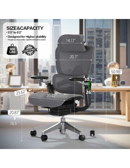 Silla de Oficina Ergonómica Chirvana Zen, Soporte Lumbar Ajustable, Gris