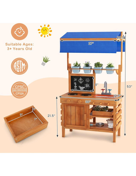 Cocina de Barro para Niños Costzon con Toldito Ajustable 77x52x135cm Cocina de Barro para Niños Costzon con Toldito Ajustable 77x52x135cm