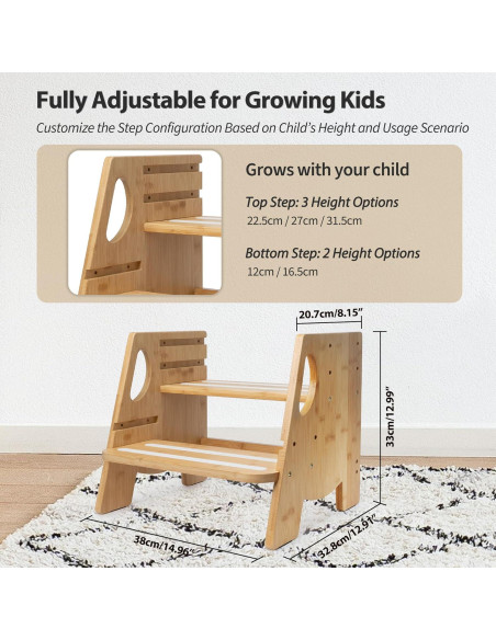 Escalera de 2 Pasos Ajustable Rose and burlap - Bambú Antideslizante