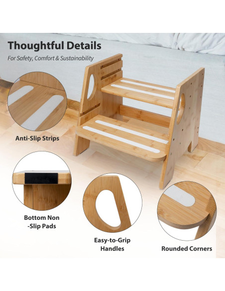 Escalera de 2 Pasos Ajustable Rose and burlap - Bambú Antideslizante