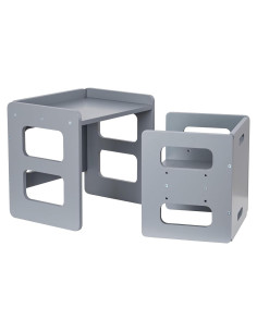 Conjunto Mesa y Silla Montessori Recuerdos Divertidos Gris - Madera Sólida, Altura Ajustable