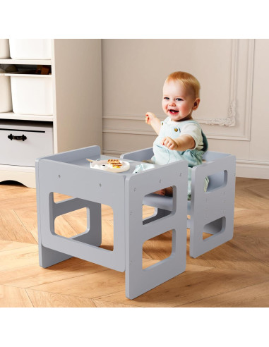 Conjunto Mesa y Silla Montessori Recuerdos Divertidos Gris - Madera Sólida, Altura Ajustable