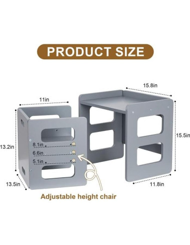 Conjunto Mesa y Silla Montessori Recuerdos Divertidos Gris - Madera Sólida, Altura Ajustable