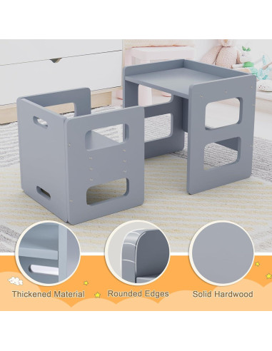 Conjunto Mesa y Silla Montessori Recuerdos Divertidos Gris - Madera Sólida, Altura Ajustable