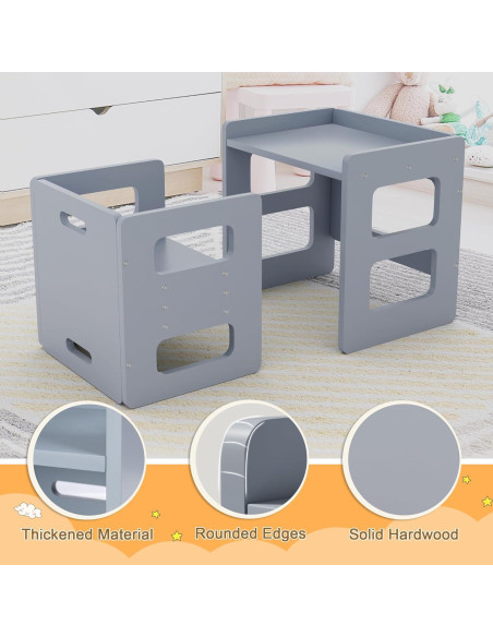 Conjunto Mesa y Silla Montessori Recuerdos Divertidos Gris - Madera Sólida, Altura Ajustable