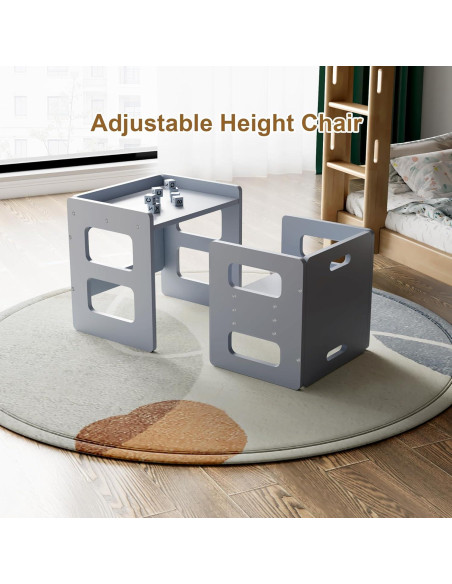 Conjunto Mesa y Silla Montessori Recuerdos Divertidos Gris - Madera Sólida, Altura Ajustable