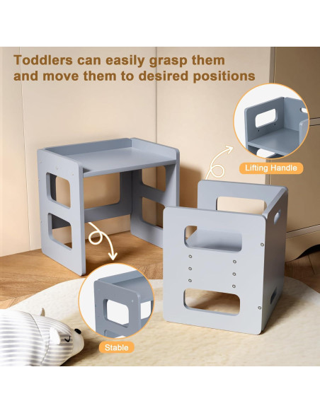 Conjunto Mesa y Silla Montessori Recuerdos Divertidos Gris - Madera Sólida, Altura Ajustable