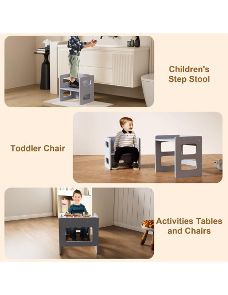 Conjunto Mesa y Silla Montessori Recuerdos Divertidos Gris - Madera Sólida, Altura Ajustable