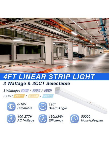 Luces de tira LED 4 pies regulables 24W/32W/40W 3500K-5000K
