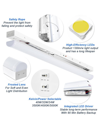 Luces de tira LED 4 pies regulables 24W/32W/40W 3500K-5000K