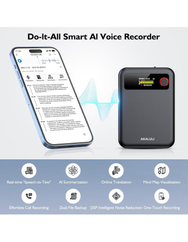 Grabadora de Voz AI AKALULI L816 con 30H Grabación y 64GB