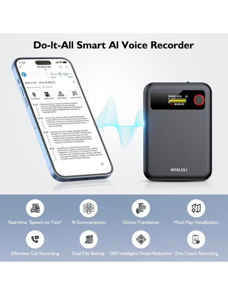 Grabadora de Voz AI AKALULI L816 con 30H Grabación y 64GB