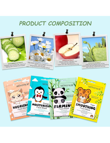 Máscara Facial Hidratante MOND'SUB 4pack - Animales Divertidos
