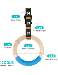 Anillos de Gimnasia de Madera Vulken 3.18 cm con Correas 2.59 m 2