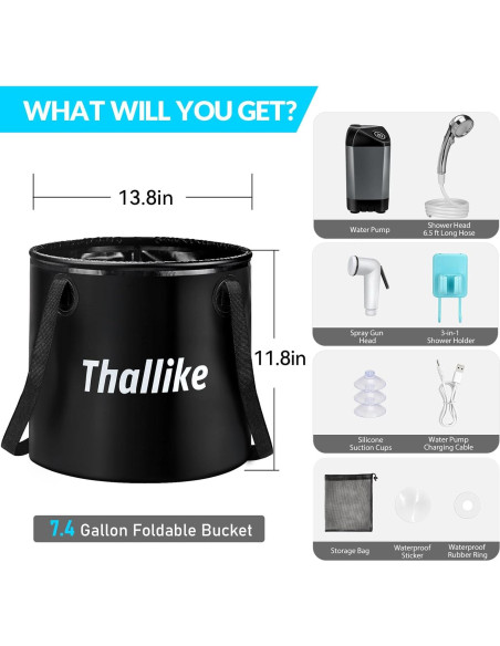 Ducha de Camping Portátil Thallike con Cubo Plegable 28L