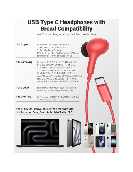 Auriculares USB C In Ear Bonitos con Micrófono y Control de Volumen