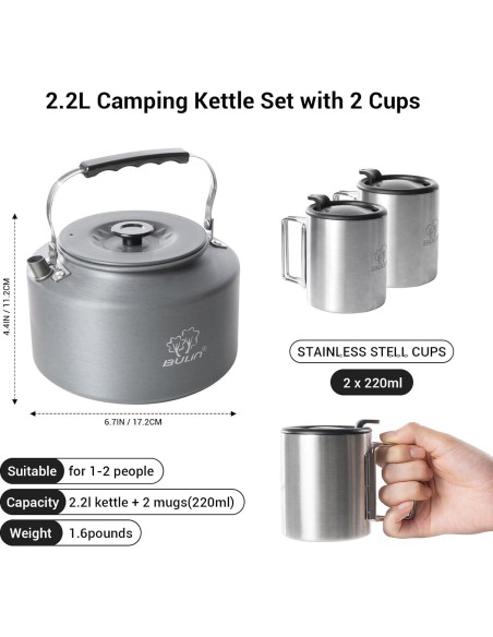 Hervidor de Camping Bulin 2.2L con 2 Tazas de Acero Inoxidable