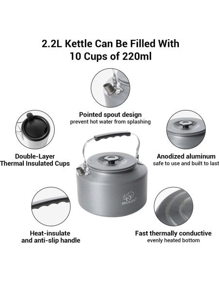 Hervidor de Camping Bulin 2.2L con 2 Tazas de Acero Inoxidable