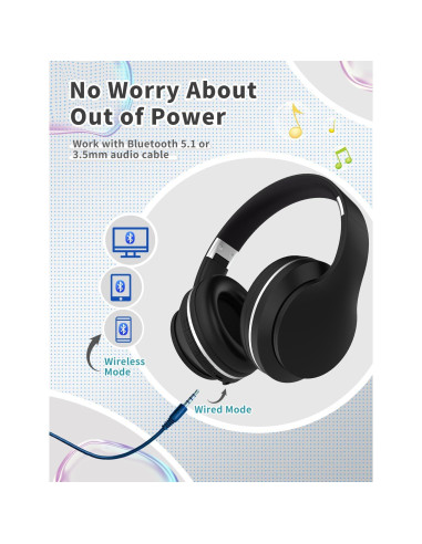 Auriculares Bluetooth DMJ BT56 para Niños y Adultos - Sonido Estéreo, 10h Batería, Plegables, Negro